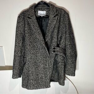 Ganni Black and White Herringbone wool jacket